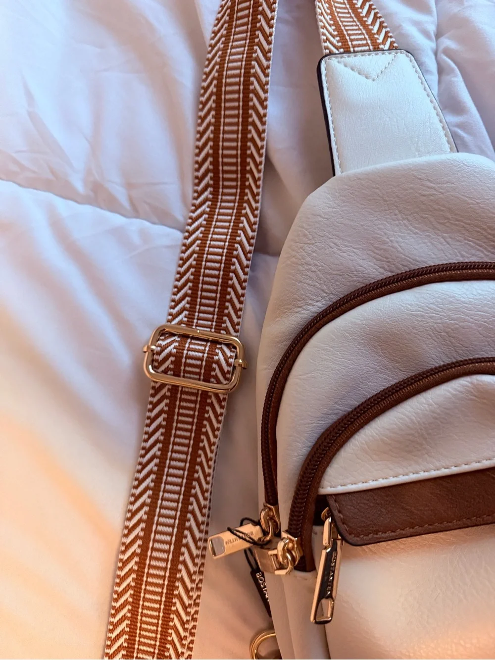 Bostanten Cream Crossbody Sling Bag with Brown Trim